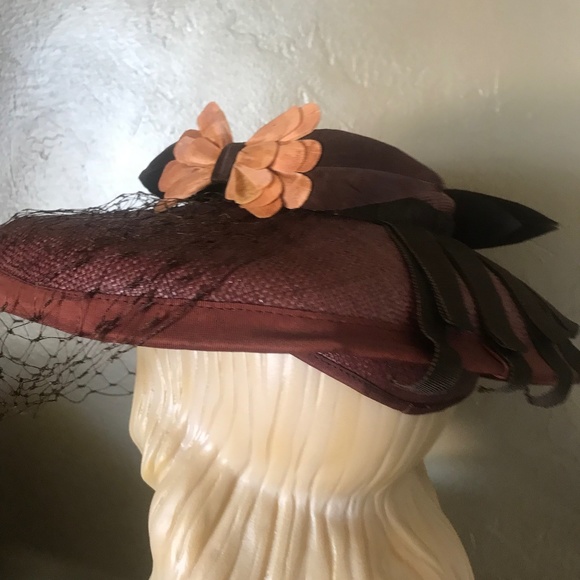 STRIKING 1940S\' GARNET STRAW WIDE BRIM HAT - FEATHER BOWS & MATCHING VEIL main image 16